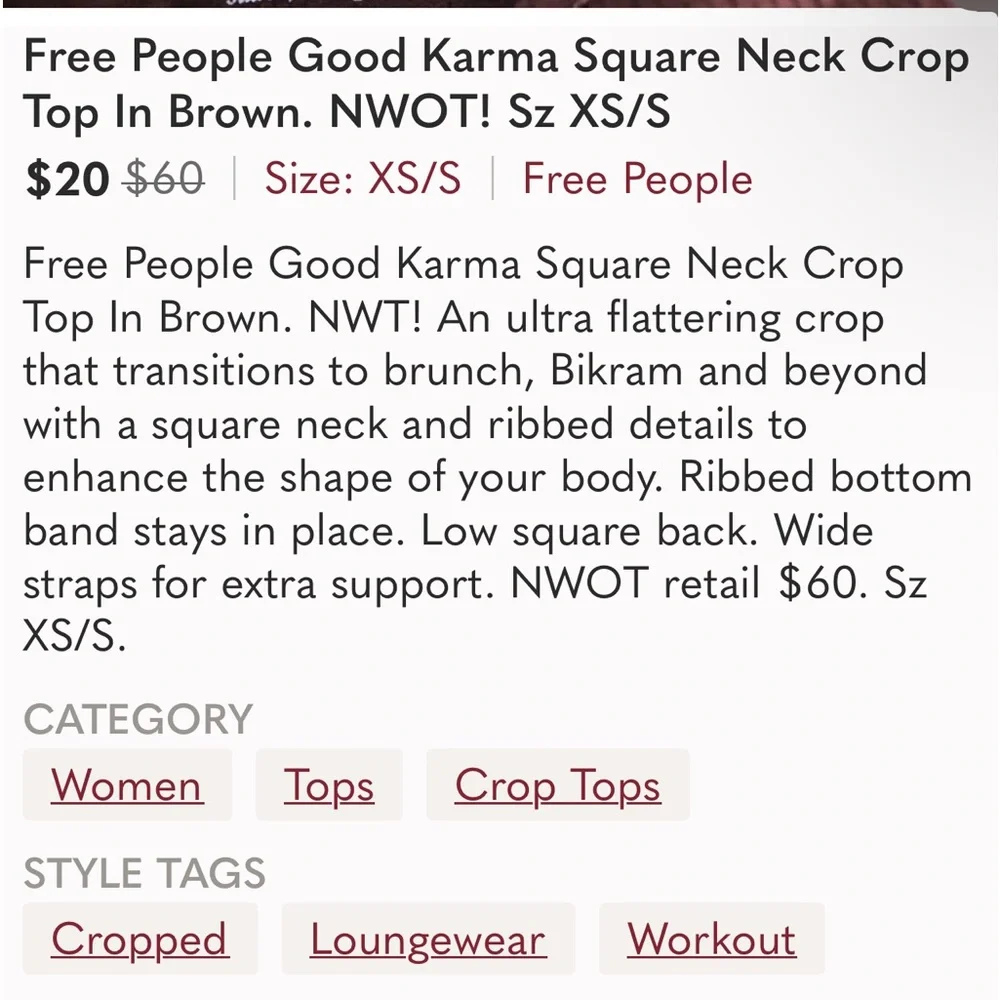 NWOT - Free People Good Karma Square Neck Bra - Size XS/SM Brown - Picture 8 of 8